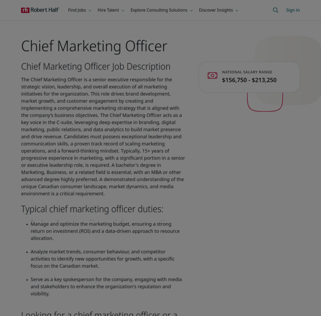 Typical chief marketing officer duties listed by Robert Half