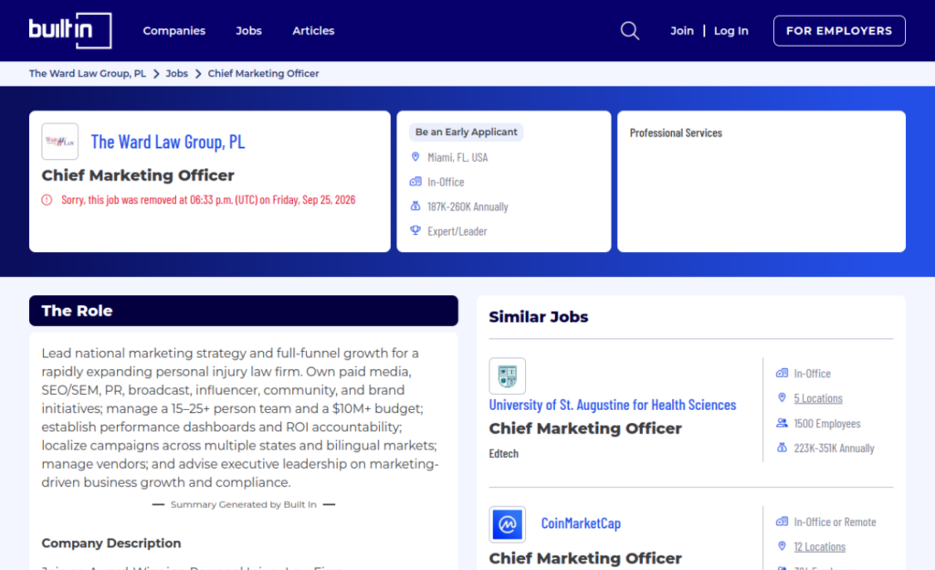 CMO job listing from The Ward Law Group showing 15-25+ person team and $10M+ budget responsibilities