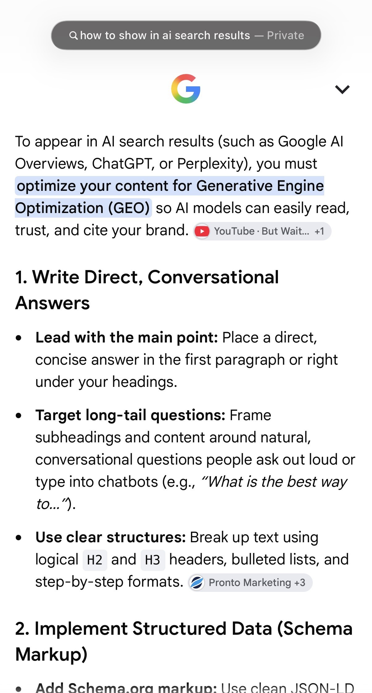 Google AI Overview answering how to show up in AI search results
